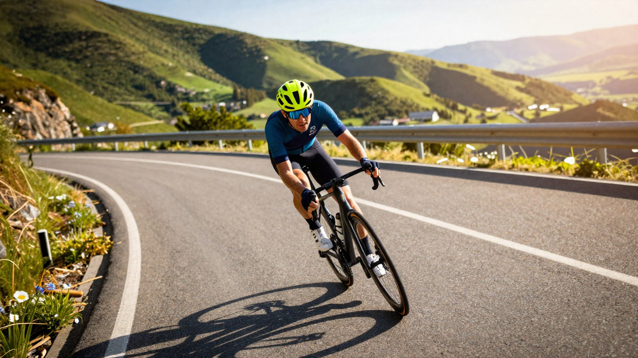 Ciclista de capacete amarelo a fazer curva numa estrada de montanha rodeada de vegetação verde.