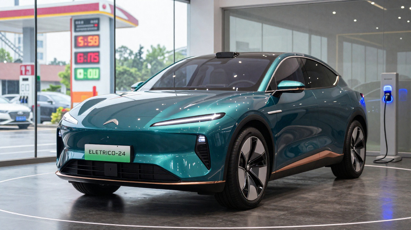 Carro elétrico verde turquesa com design moderno, estacionado numa garagem com estação de carregamento.