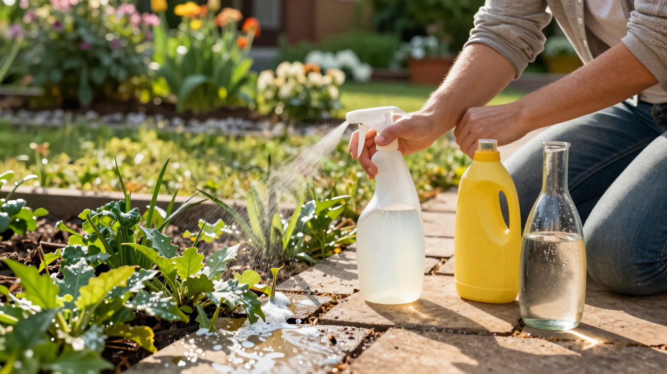 Pessoa a pulverizar plantas num jardim com borrifador, garrafa de plástico e vidro ao lado.