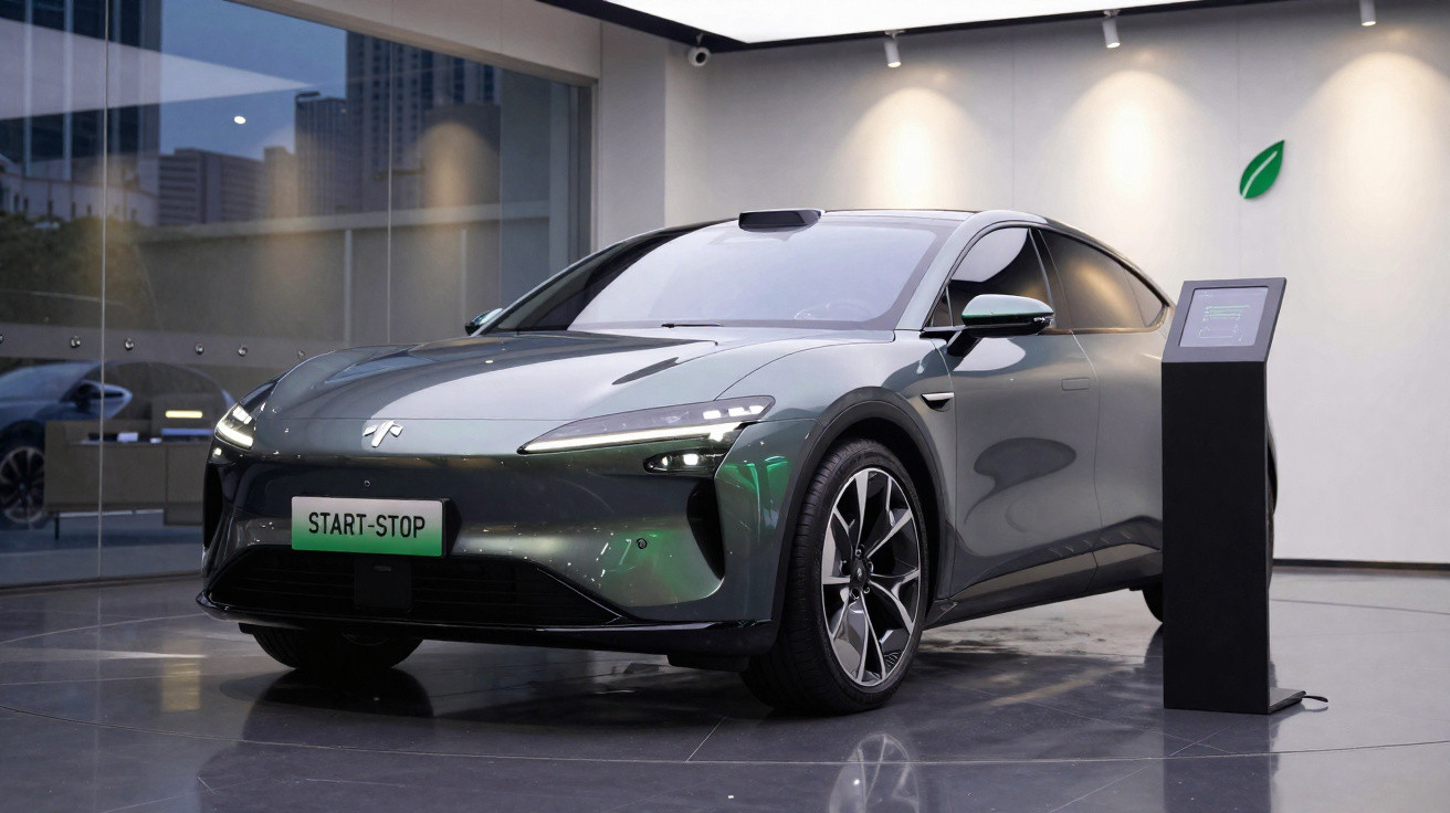 Carro elétrico moderno cinzento em exposição numa sala com iluminação suave e painel ao lado.