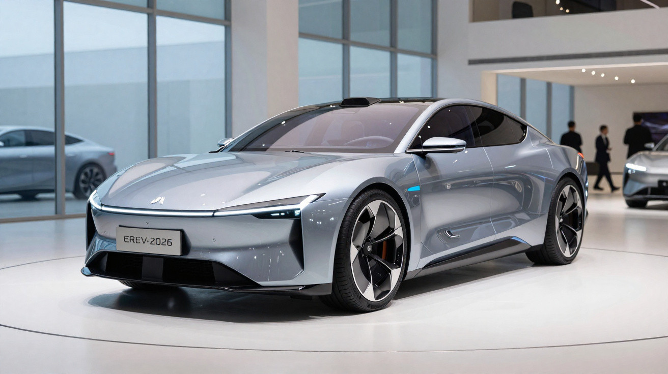 Carro elétrico cinzento prateado com design futurista exposto num salão automóvel moderno.