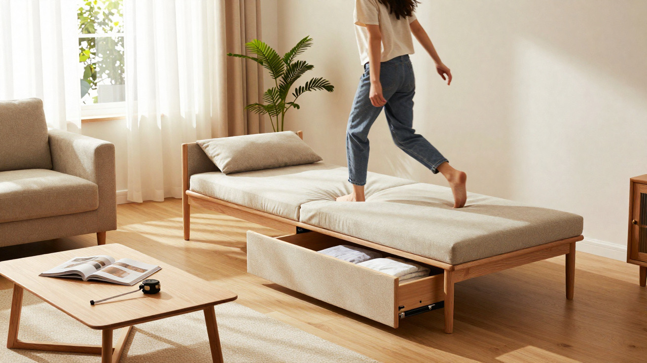 Pessoa a andar sobre cama compacta com gaveta aberta numa sala iluminada e decorada em tons neutros.