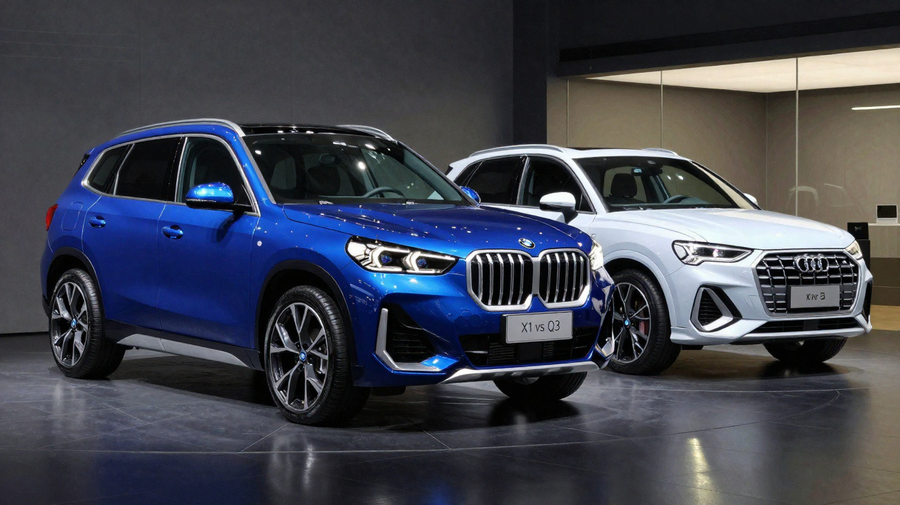 Dois SUVs estacionados lado a lado num espaço interior: um BMW azul e um Audi branco.