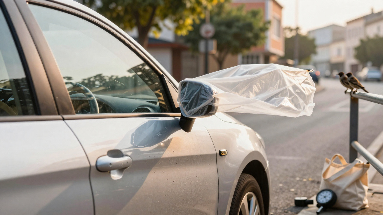 Espelho retrovisor de carro coberto com saco plástico transparente numa rua urbana.