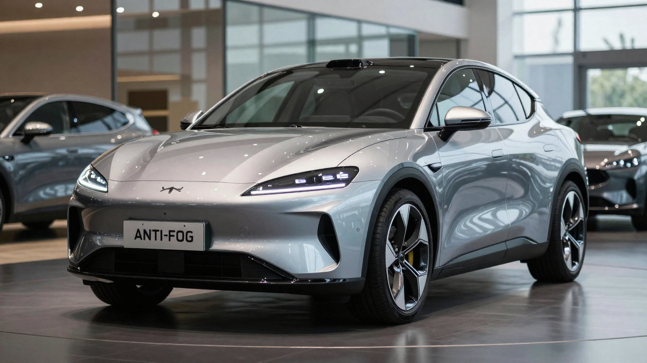 Carro elétrico moderno prateado exposto num salão de automóveis com iluminação ambiente.