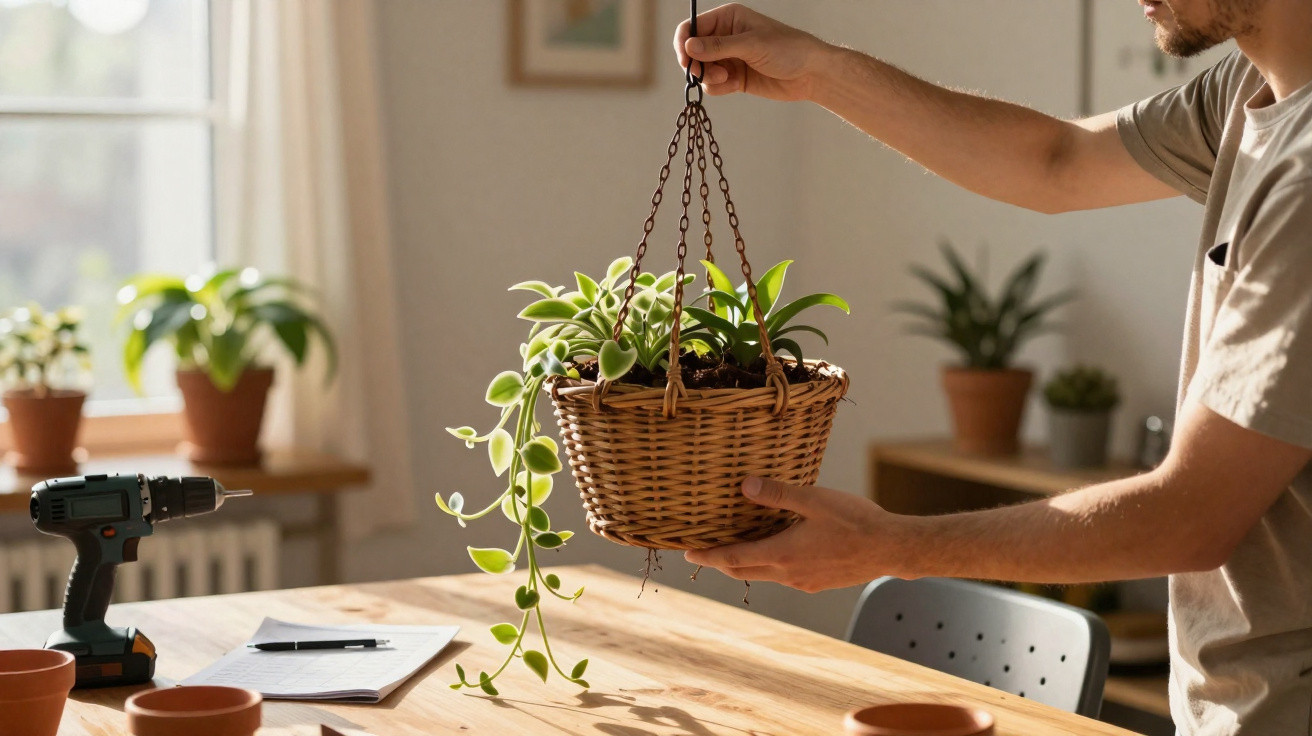 Pessoa a segurar vaso de plantas pendurado em cesta de vime dentro de uma sala iluminada.