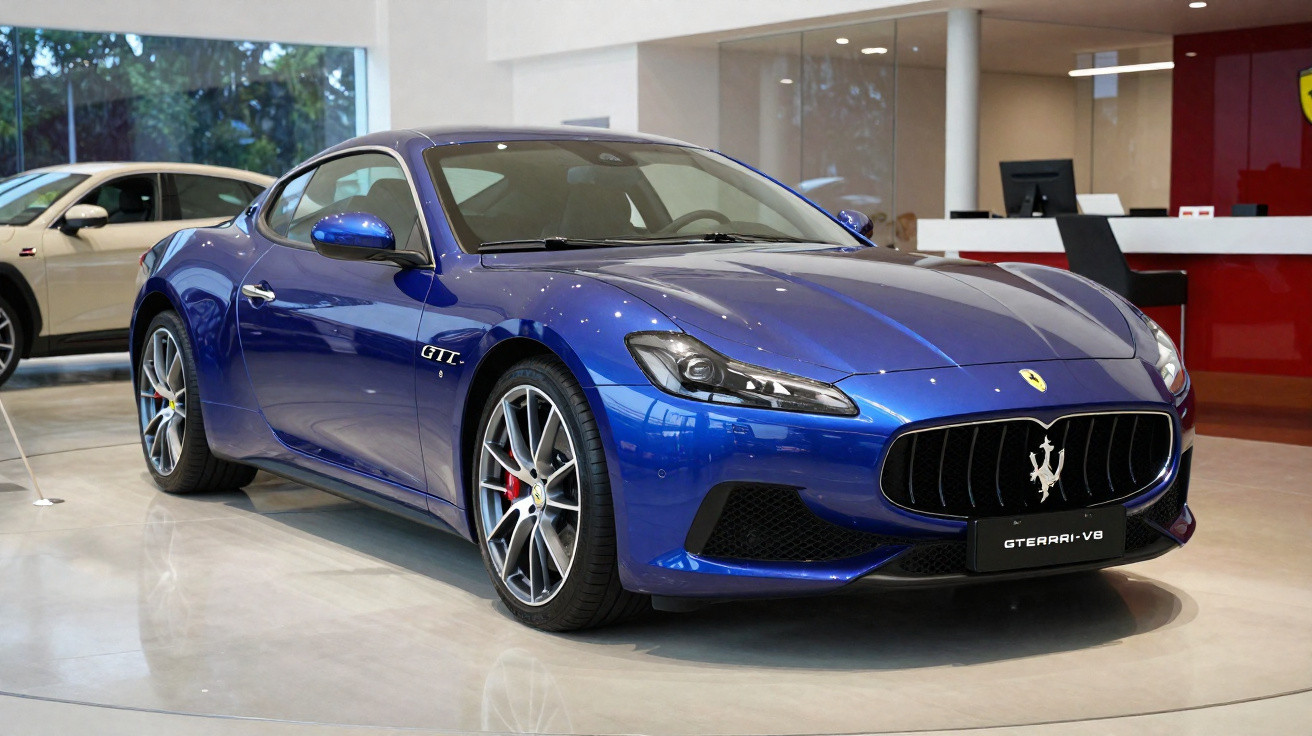 Carro desportivo azul Maserati GTZT exibido numa concessionária moderna com janelas grandes.