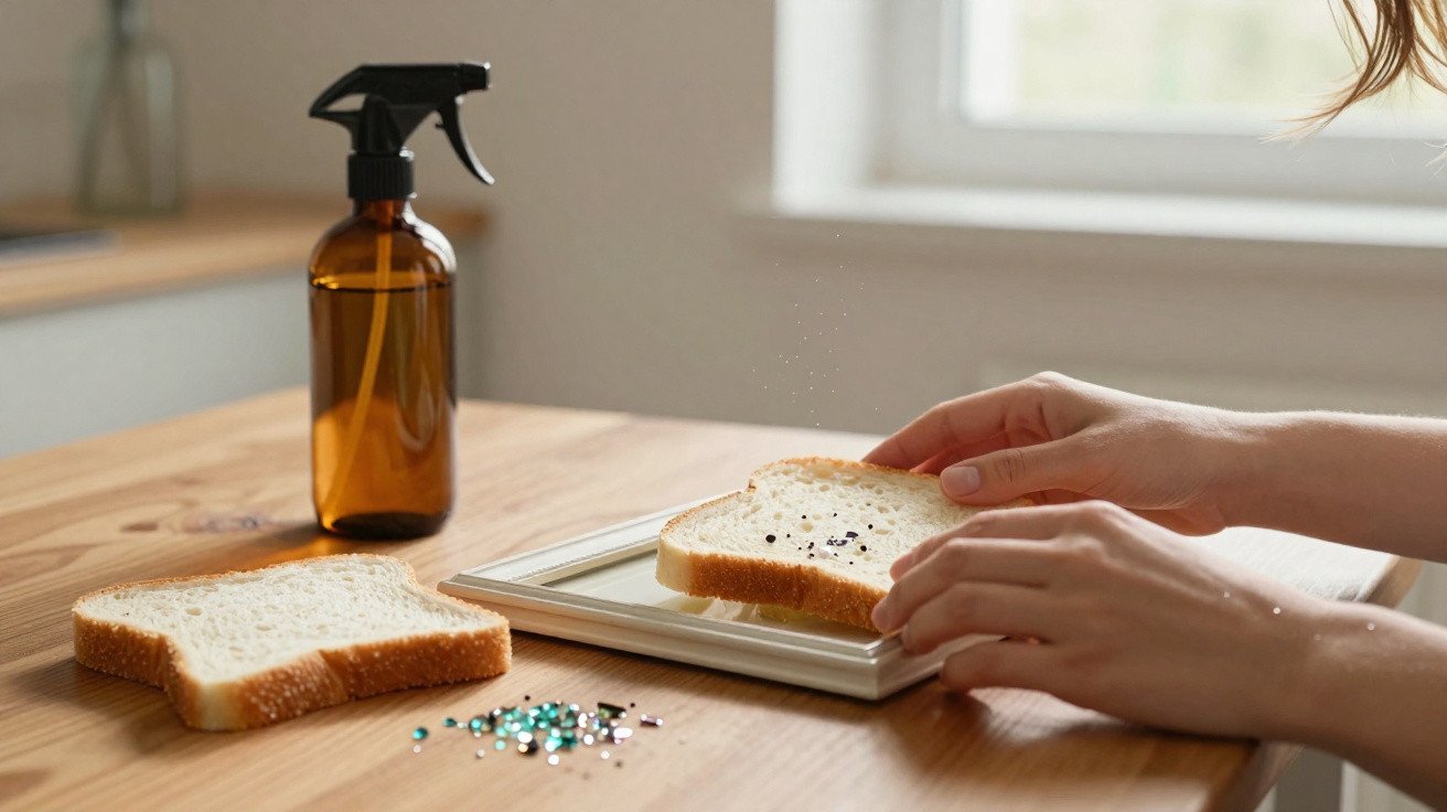 Mãos a polvilhar pequenos brilhantes numa fatia de pão de forma sobre uma mesa de madeira.