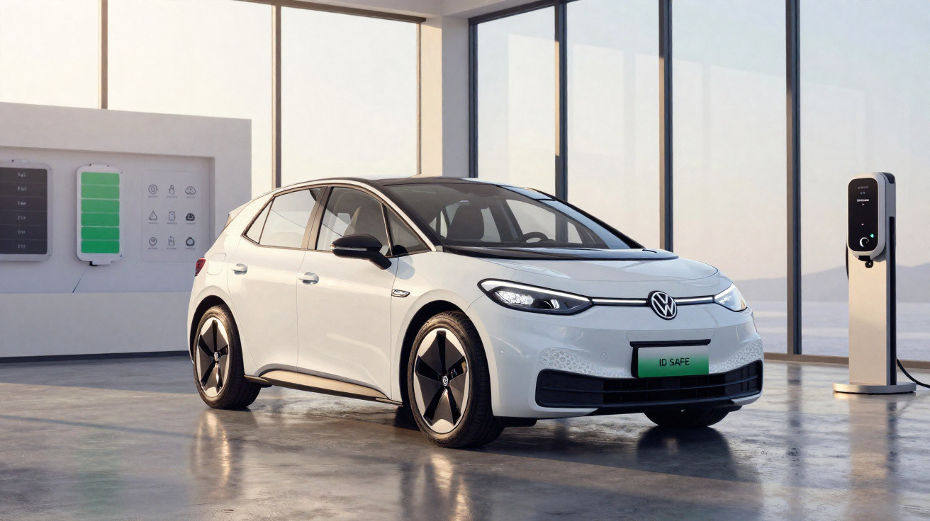 Carro elétrico Volkswagen branco estacionado num espaço moderno com carregador e painéis solares.