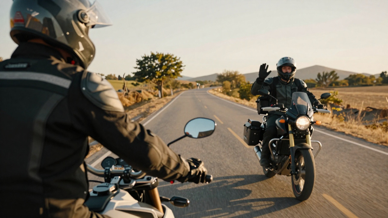 Duas pessoas de capacete em motos numa estrada rural, uma acena com a mão direita.