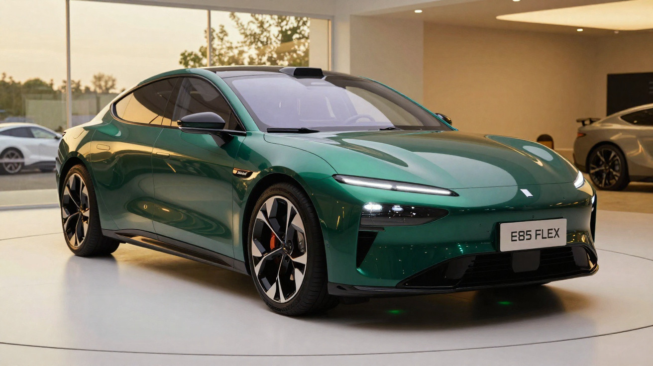 Carro elétrico verde metálico com design moderno e faróis LED exposto numa sala de showroom.