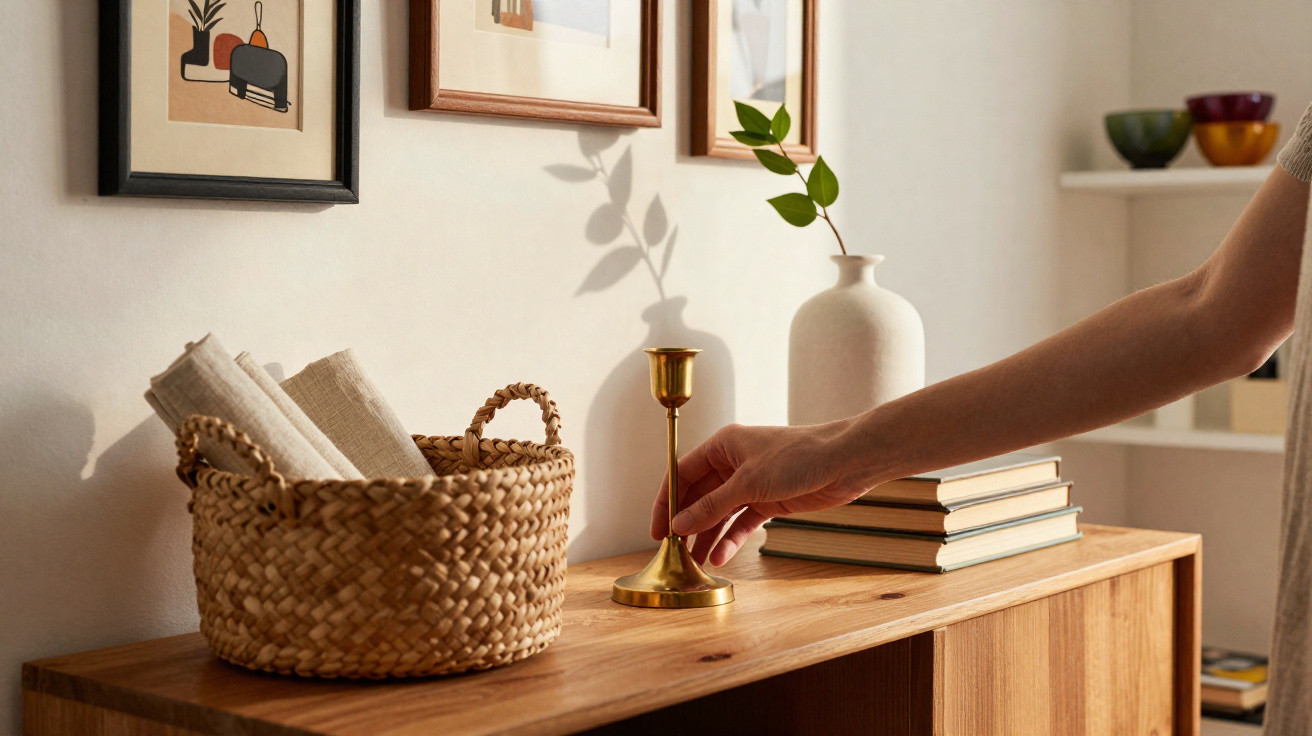 Mão a pegar castiçal dourado numa cómoda de madeira com cesto, rolos de tecido e vasos decorativos à parede.