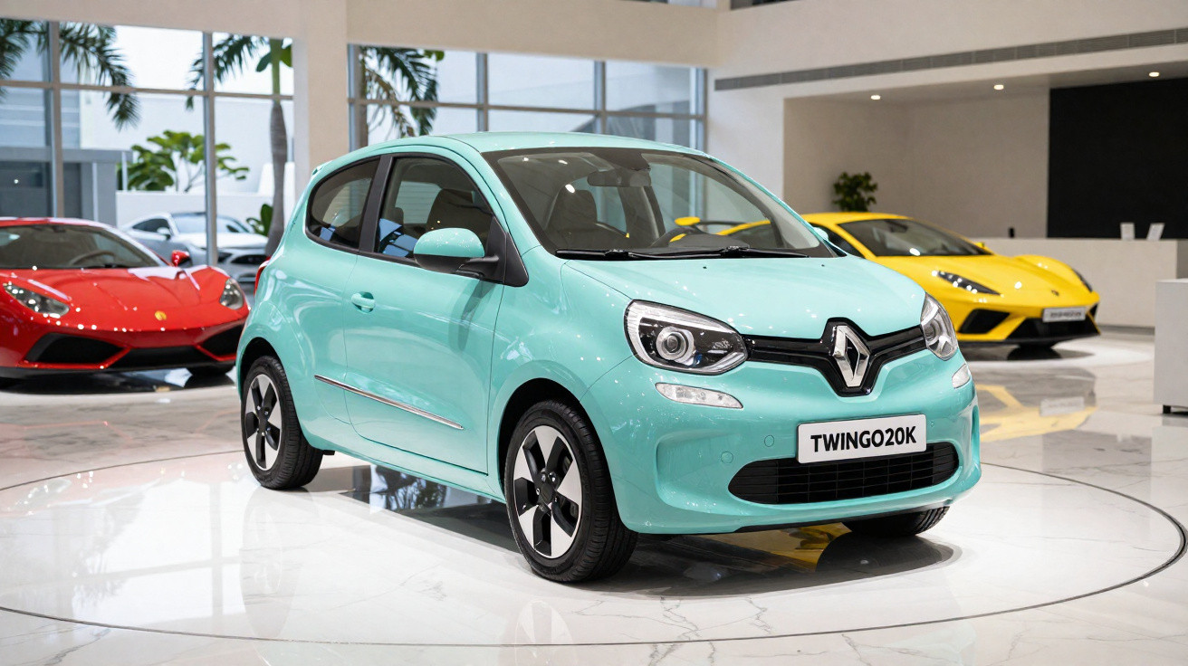 Carro Renault Twingo verde água exposto em showroom com dois carros desportivos ao fundo.