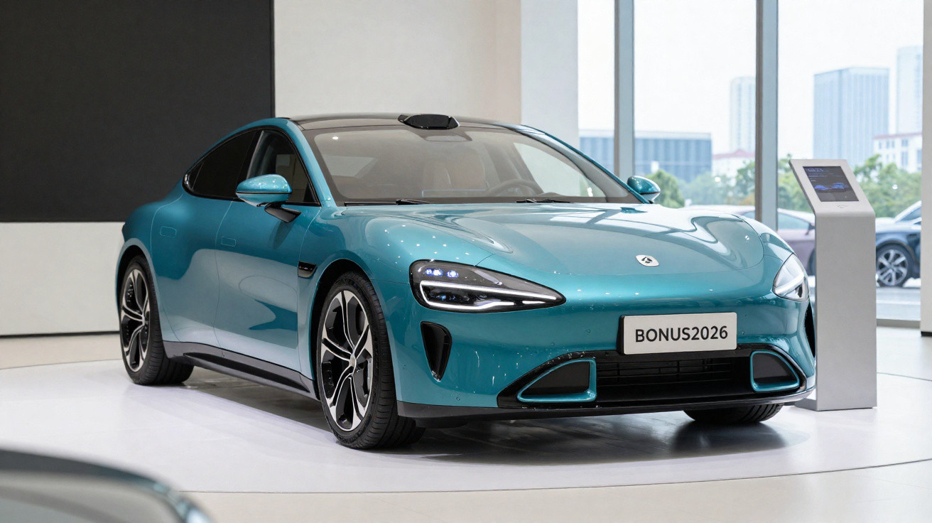 Carro elétrico azul moderno exibido numa área de exposição com placa traseira BONUS2026 e painel informativo.