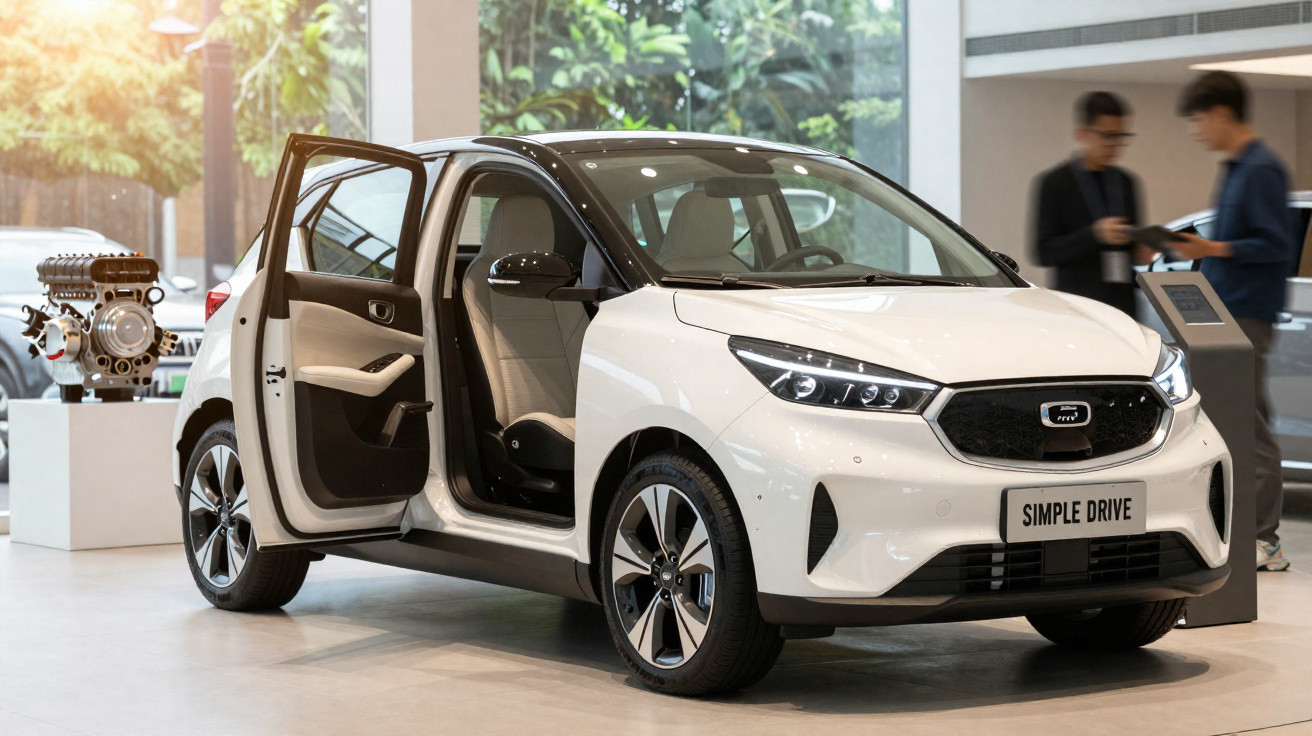 Carro eléctrico branco com portas abertas exibido em salão de automóveis moderno e iluminado.