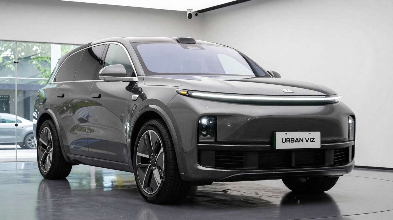 Carro SUV elétrico cinzento urbano, modelo moderno, em exposição interior minimalista.