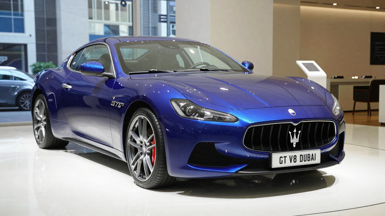 Carro desportivo azul Maserati GT V8 exposto em sala com chão branco e vidros grandes.