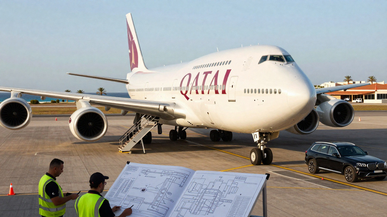 Avião da Qatar Airways estacionado, com dois técnicos a consultarem um plano junto à pista do aeroporto.