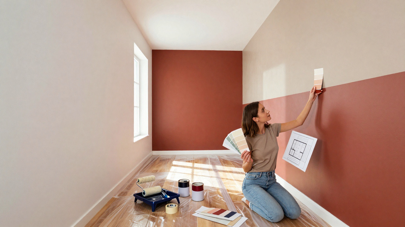 Mulher escolhe cor para pintar parede de sala com amostras e plantas em chão protegido.