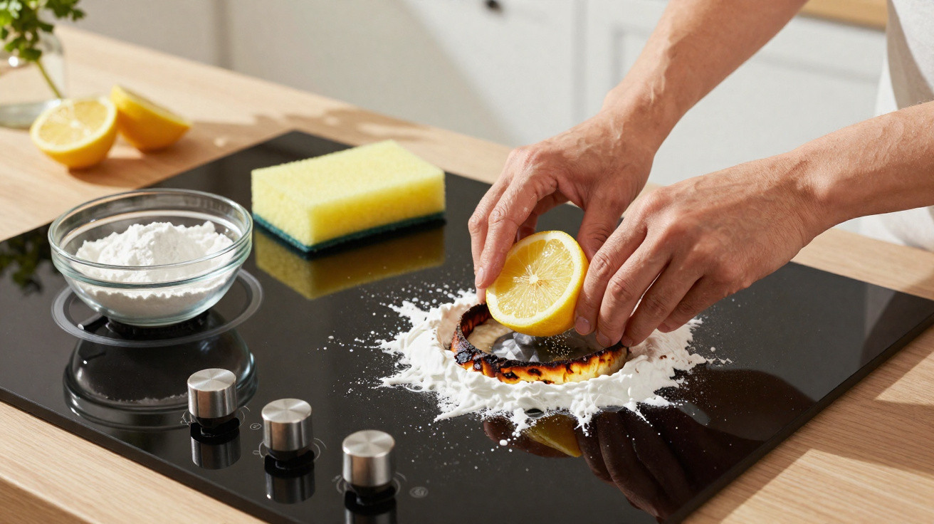 Mãos a limpar placa de fogão com limão, pó branco e esponja amarela numa cozinha moderna.