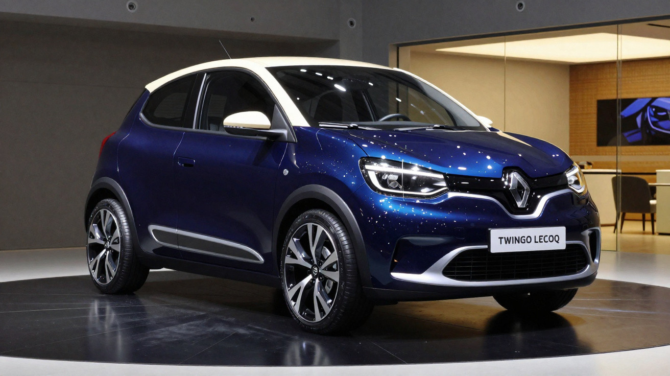 Automóvel Renault Twingo Lecoq azul metálico em exposição numa plataforma giratória, interior moderno ao fundo.