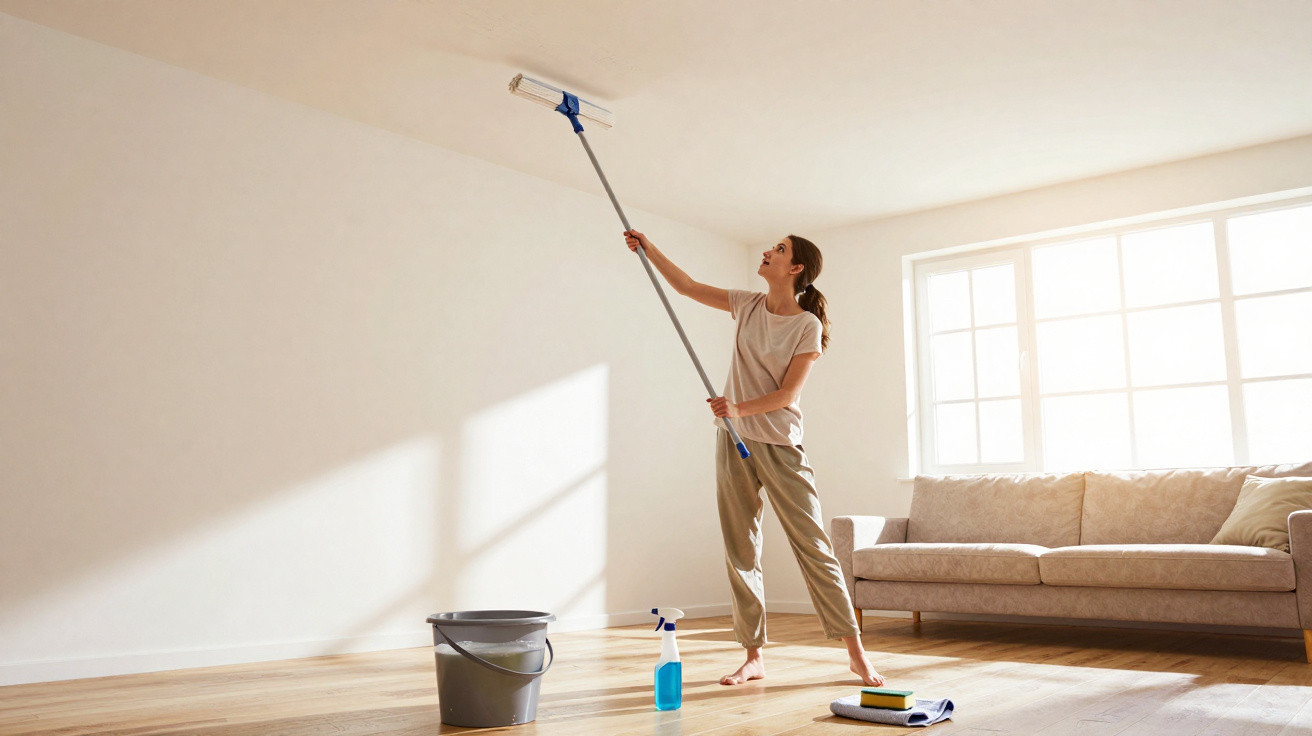 Mulher a limpar o teto de uma sala com esfregona, com balde e produtos de limpeza no chão.