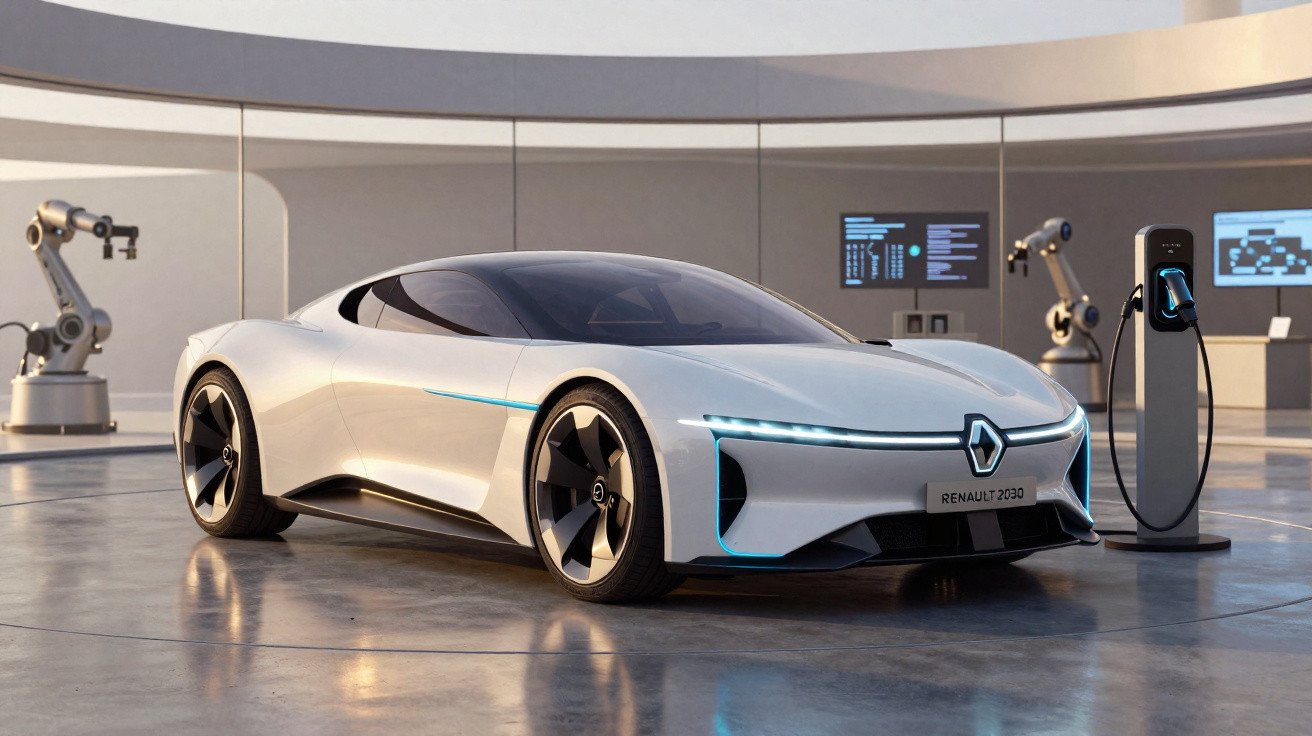 Carro elétrico de design futurista com marca Renault, estacionado junto a posto de carregamento numa sala tecnológica.