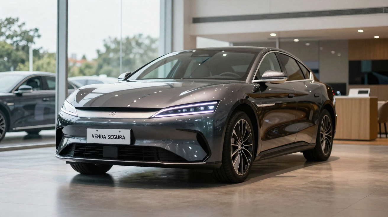 Carro elétrico cinzento estacionado dentro de salão automóvel moderno com luz natural.