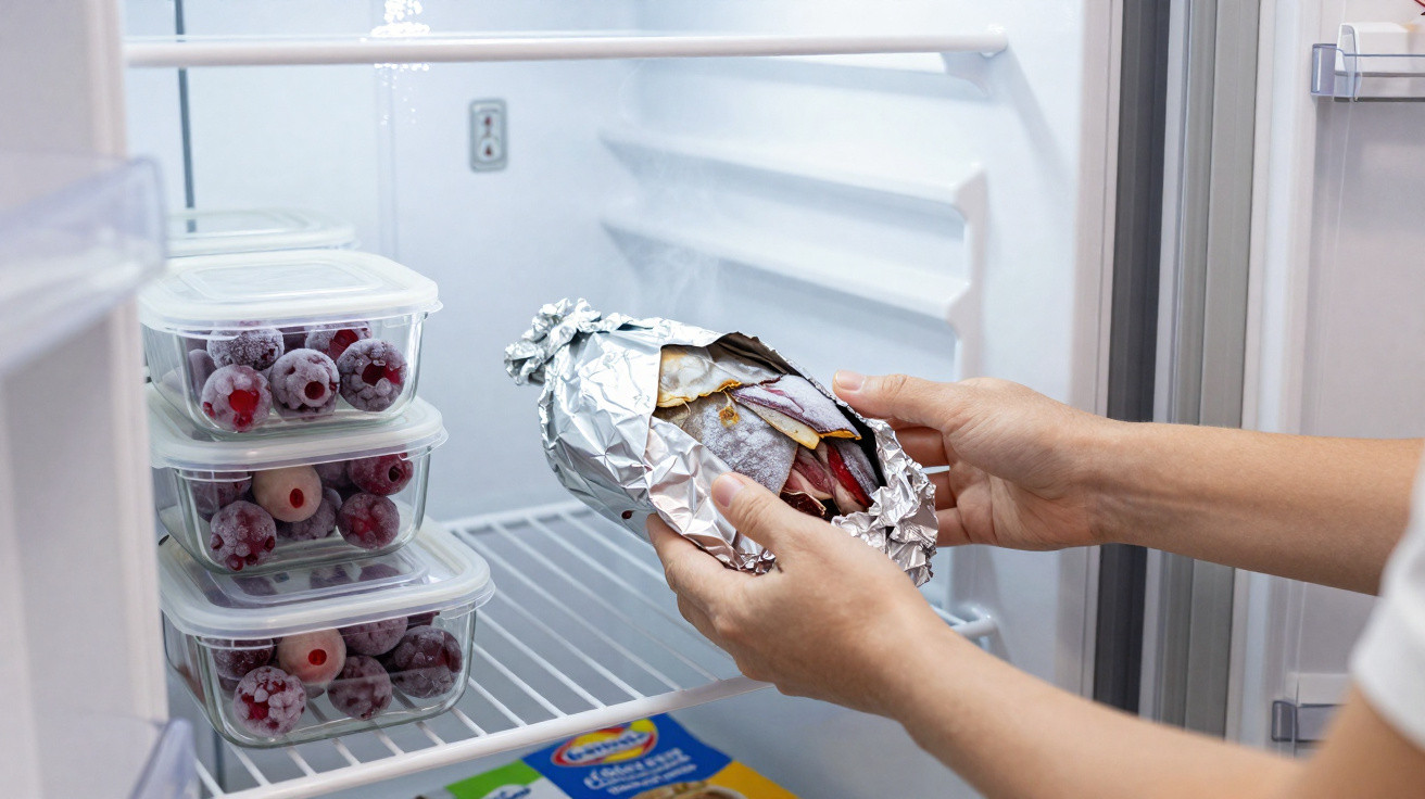 Mãos a colocar alimentos embrulhados em alumínio dentro de frigorífico com caixas de frutos congelados.
