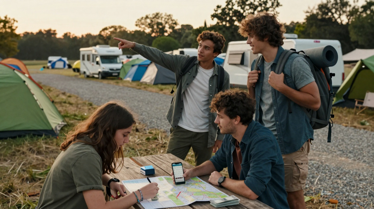 Grupo de jovens a planear rota de campismo com mapas e telemóveis num parque com tendas e caravanas ao entardecer.