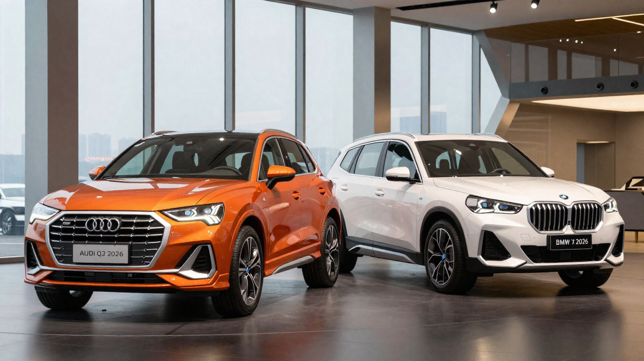 Dois carros SUV expostos em showroom com grande janela, Audi Q3 laranja e BMW X1 branco, modelos 2026.