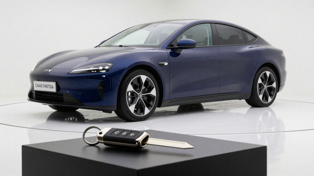 Carro elétrico azul escuro num estúdio, com chave colocada em destaque num suporte negro em primeiro plano.