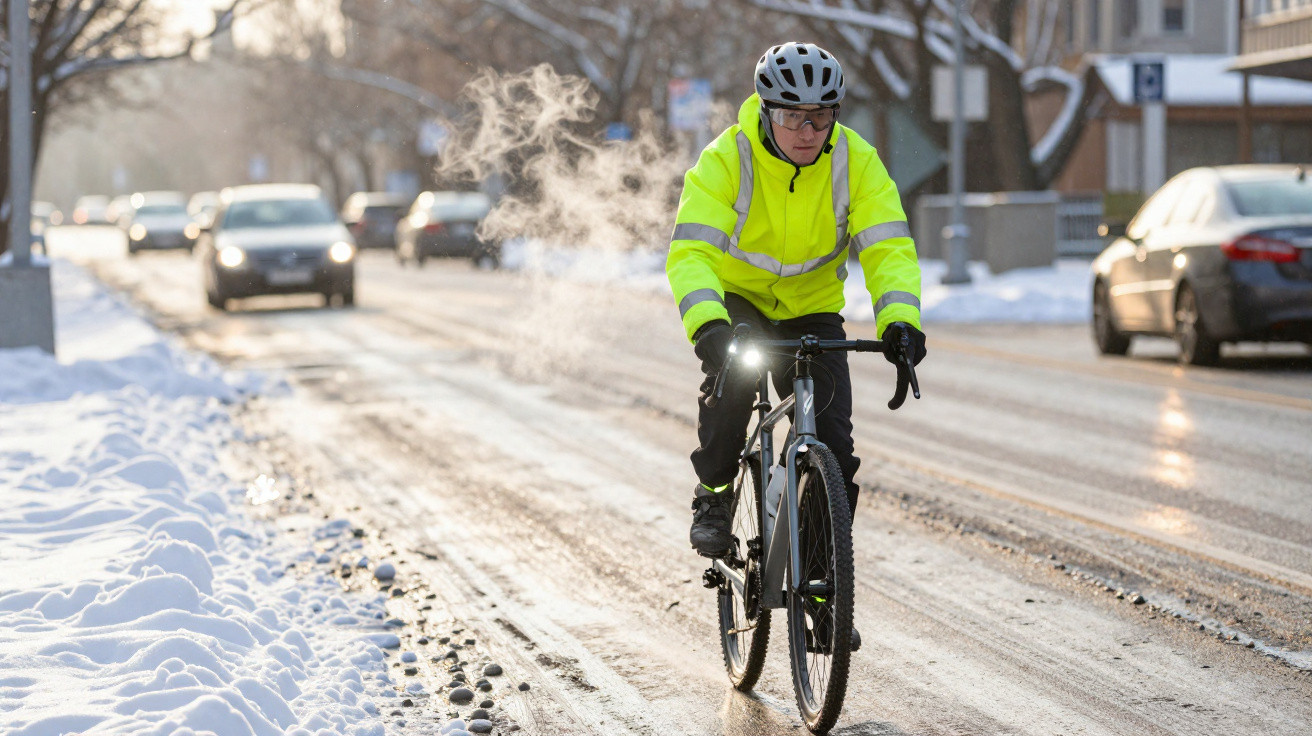 Homem com casaco amarelo de alta visibilidade e capacete a andar de bicicleta numa rua molhada com neve.