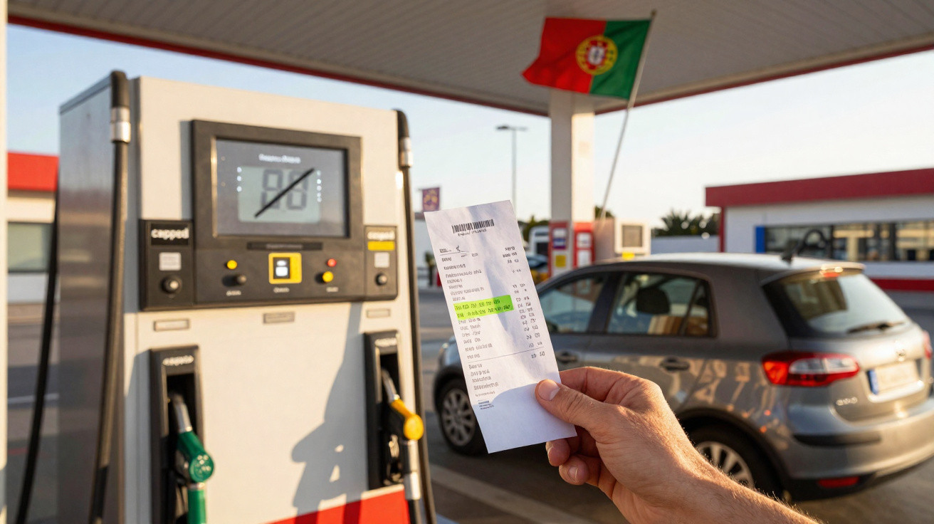 Pessoa a segurar um talão de combustível num posto de gasolina com carro e bandeira de Portugal ao fundo.