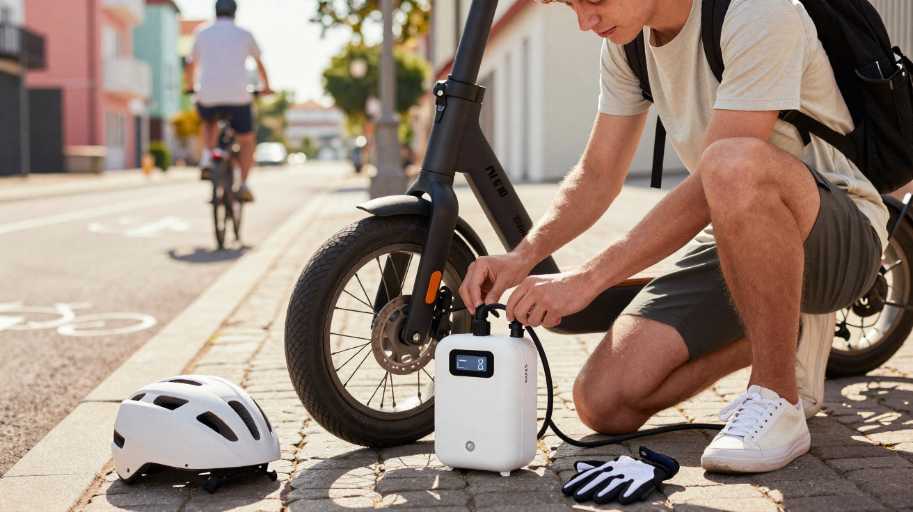 Homem com mochila usa compressor para encher pneu de trotinet elétrico numa ciclovia urbana.