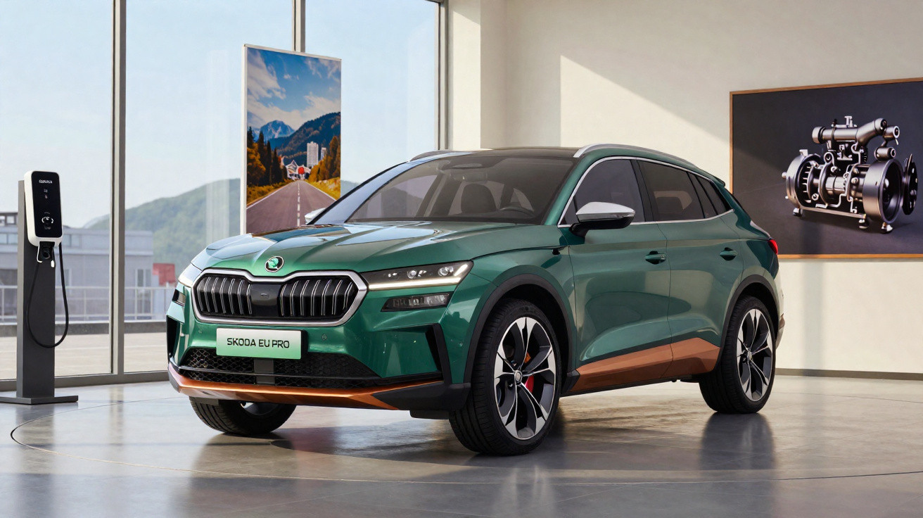 Carro elétrico Skoda Enyaq Coupé RS iV verde numa garagem moderna com carregador elétrico.
