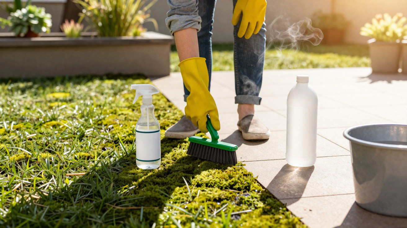 Pessoa a limpar musgo do chão com escova, luvas amarelas e produtos de limpeza num jardim ensolarado.