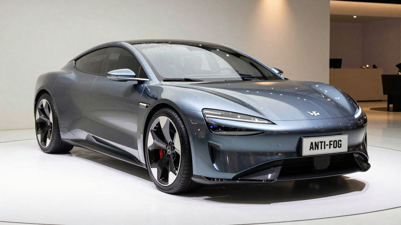 Carro desportivo elétrico cinza com linhas aerodinâmicas exposto em ambiente moderno e iluminado.