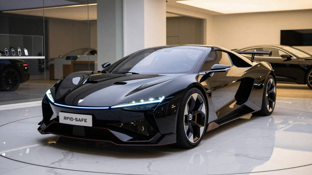 Carro desportivo preto, aerodinâmico, com luzes LED finas, em ambiente interior moderno e minimalista.