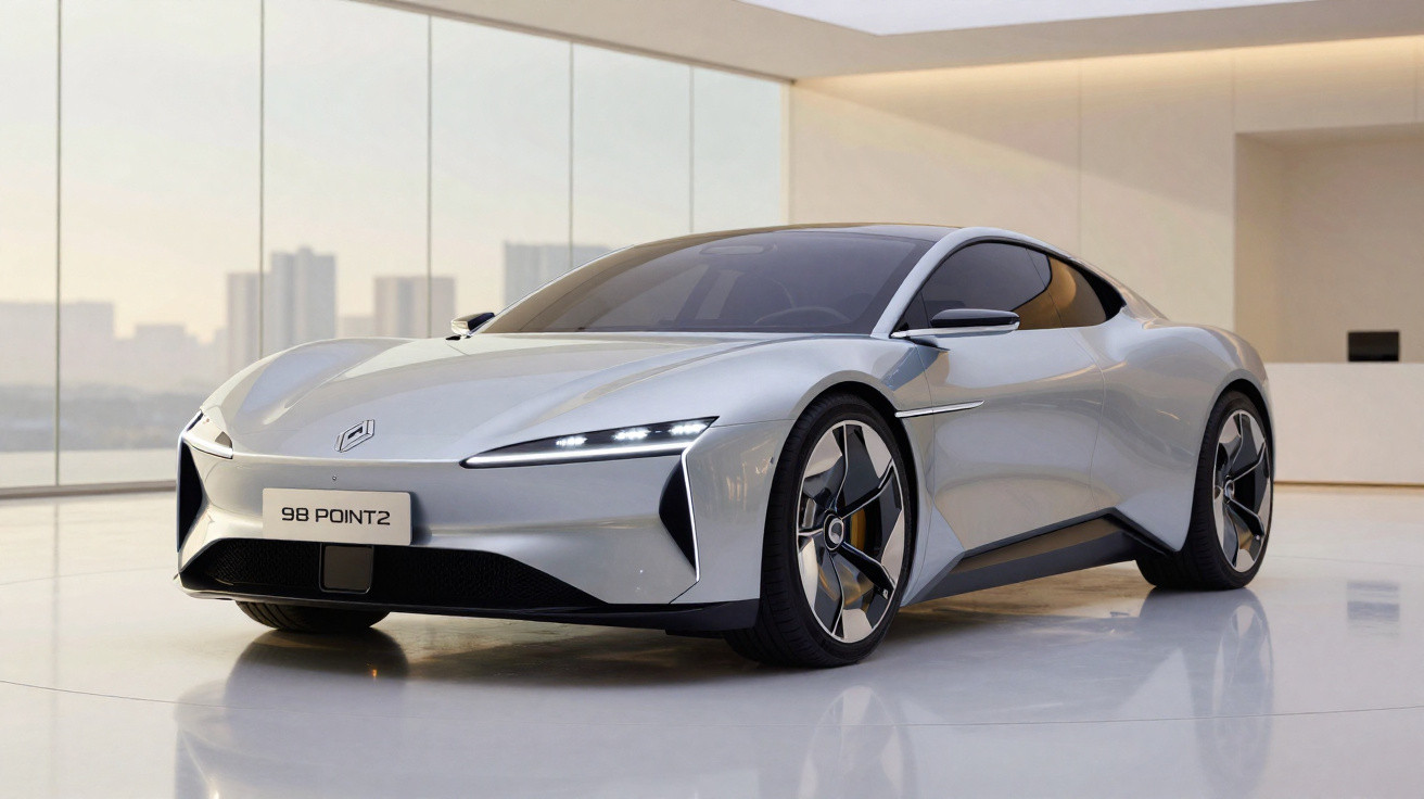 Carro desportivo elétrico futurista prateado num espaço interior moderno com janelas grandes.