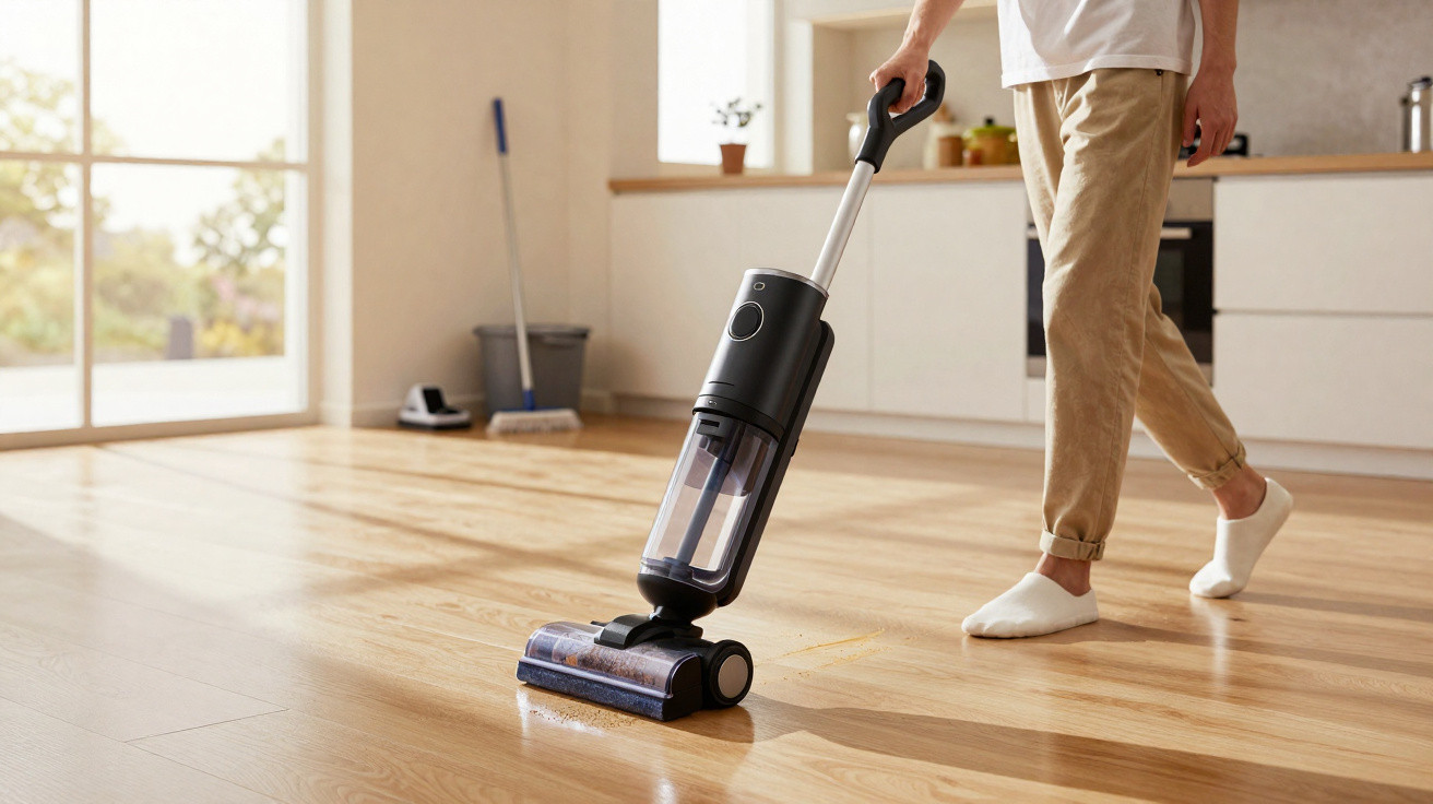 Pessoa a aspirar chão de madeira com aspirador sem fios numa cozinha moderna e luminosa.