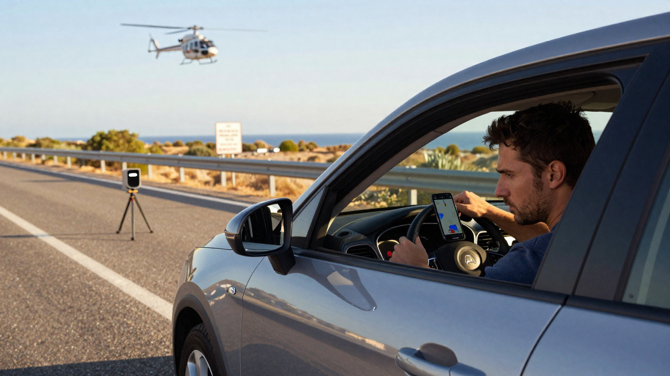 Homem dentro de carro parado na estrada, com smartphone no suporte, e helicóptero a sobrevoar ao fundo.