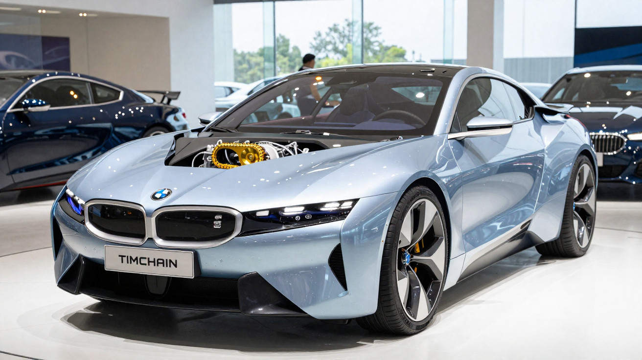 Carro desportivo BMW azul metálico com motor exposto em exposição numa sala moderna.