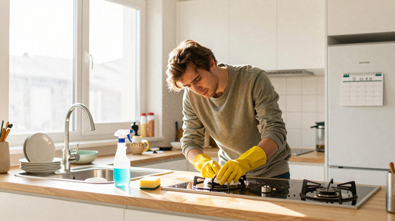 Homem com luvas amarelas a limpar o fogão numa cozinha moderna e iluminada por luz natural.