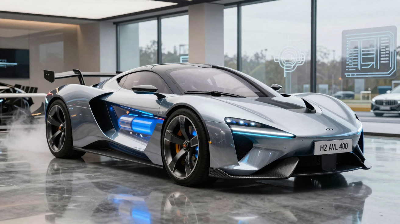 Carro desportivo cinza com detalhes azuis exibido num showroom moderno com chão brilhante.