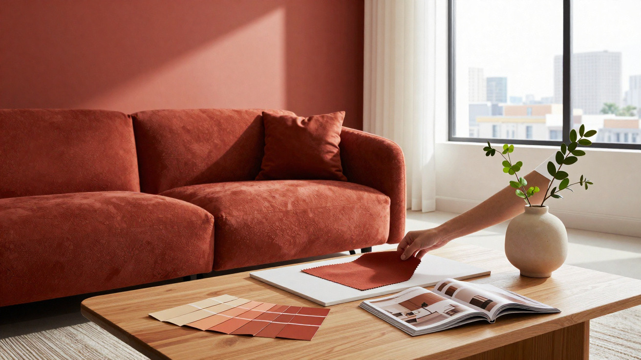 Sofá vermelho terracota junto a mesa de madeira com amostras de cor e vaso com planta perto de janela grande.