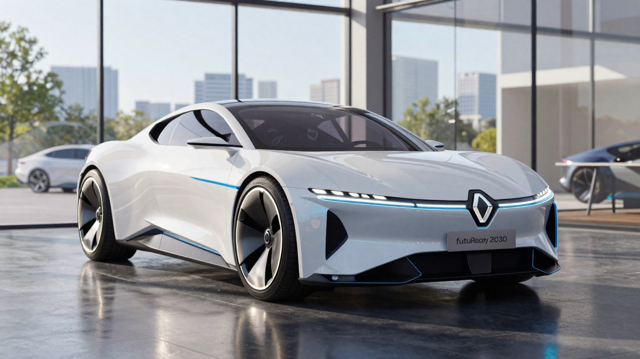 Carro elétrico futurista branco da Renault com design aerodinâmico, destacado numa exposição moderna.