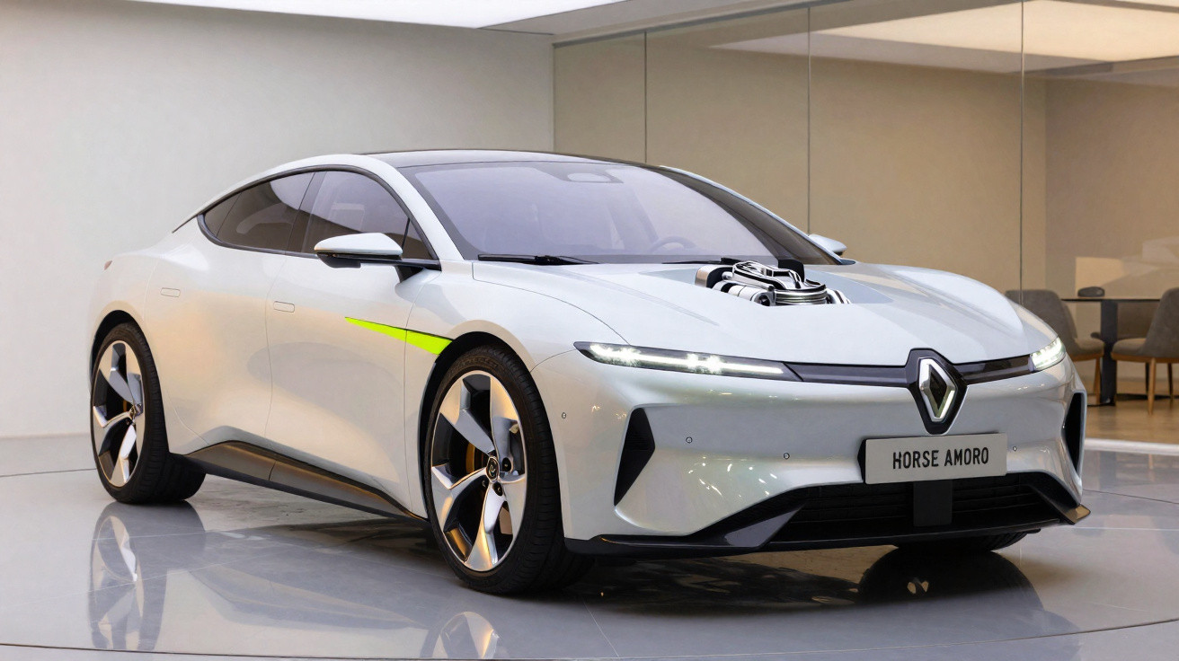 Carro elétrico branco com design futurista e motor exposto exibido em sala moderna.