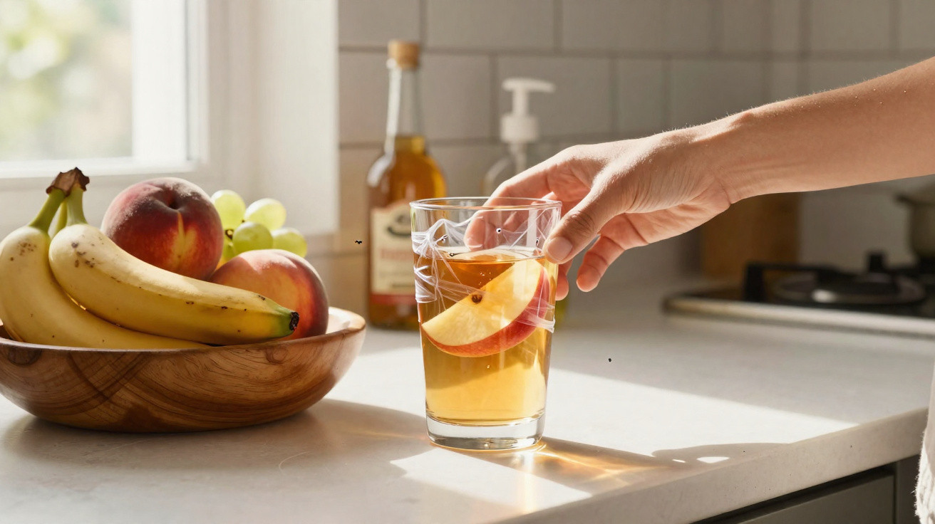 Mão a pegar copo de vidro com bebida e fatia de maçã ao lado de fruteira com bananas, pêssegos e uvas.