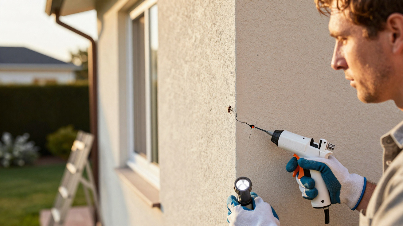 Homem a reparar fissura numa parede exterior com ferramenta elétrica e luz de inspeção.